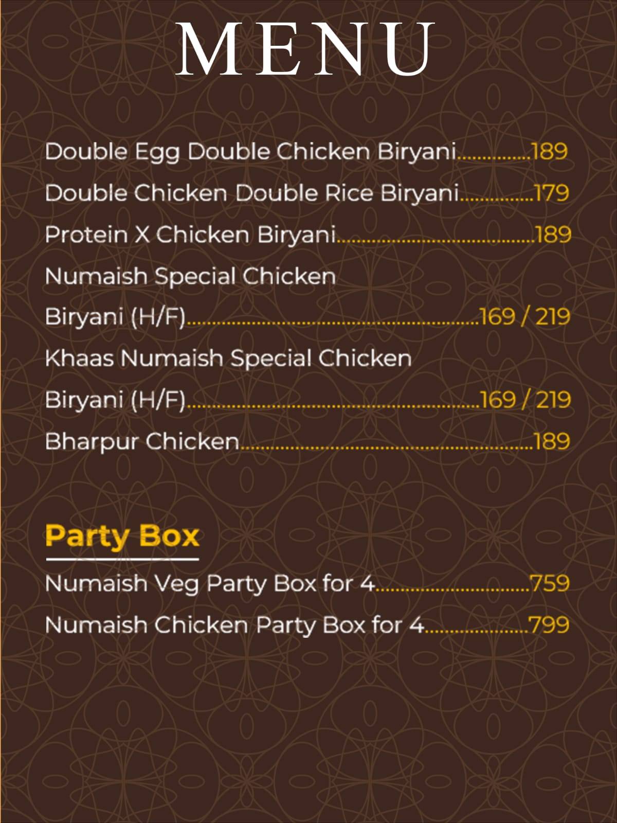 Numaish Biryani menu
