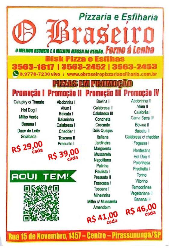 O Braseiro Pizzaria e Esfiharia cardápio
