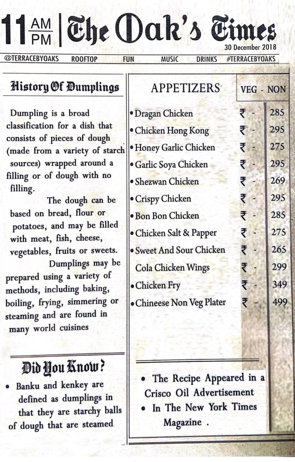 OAKSLAND menu