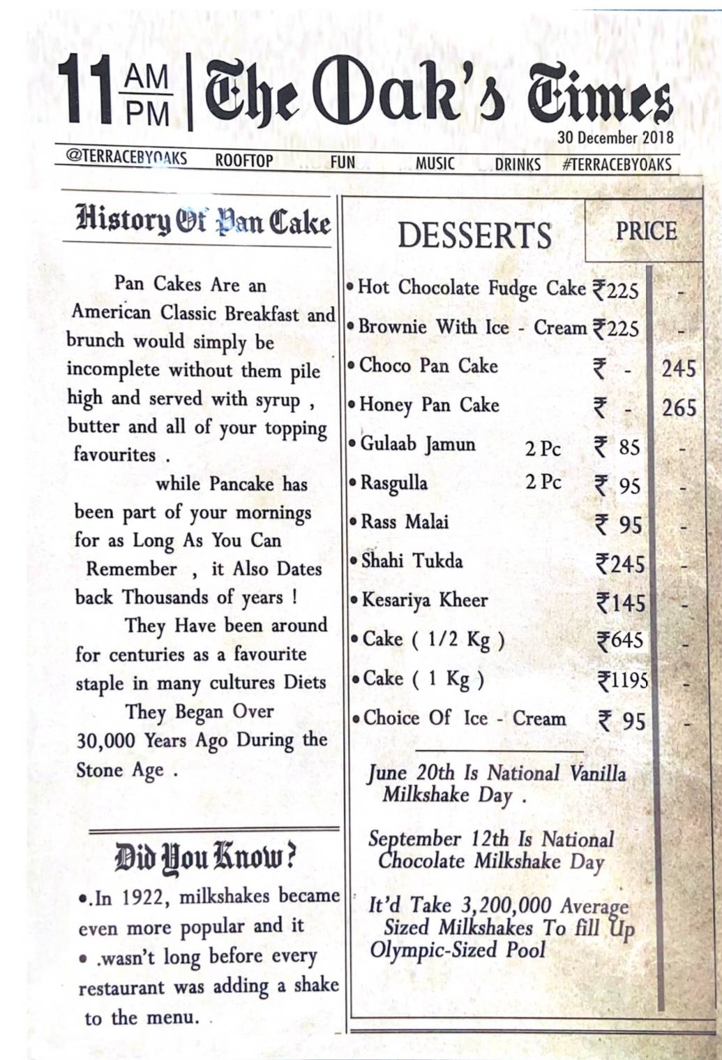 OAKSLAND menu