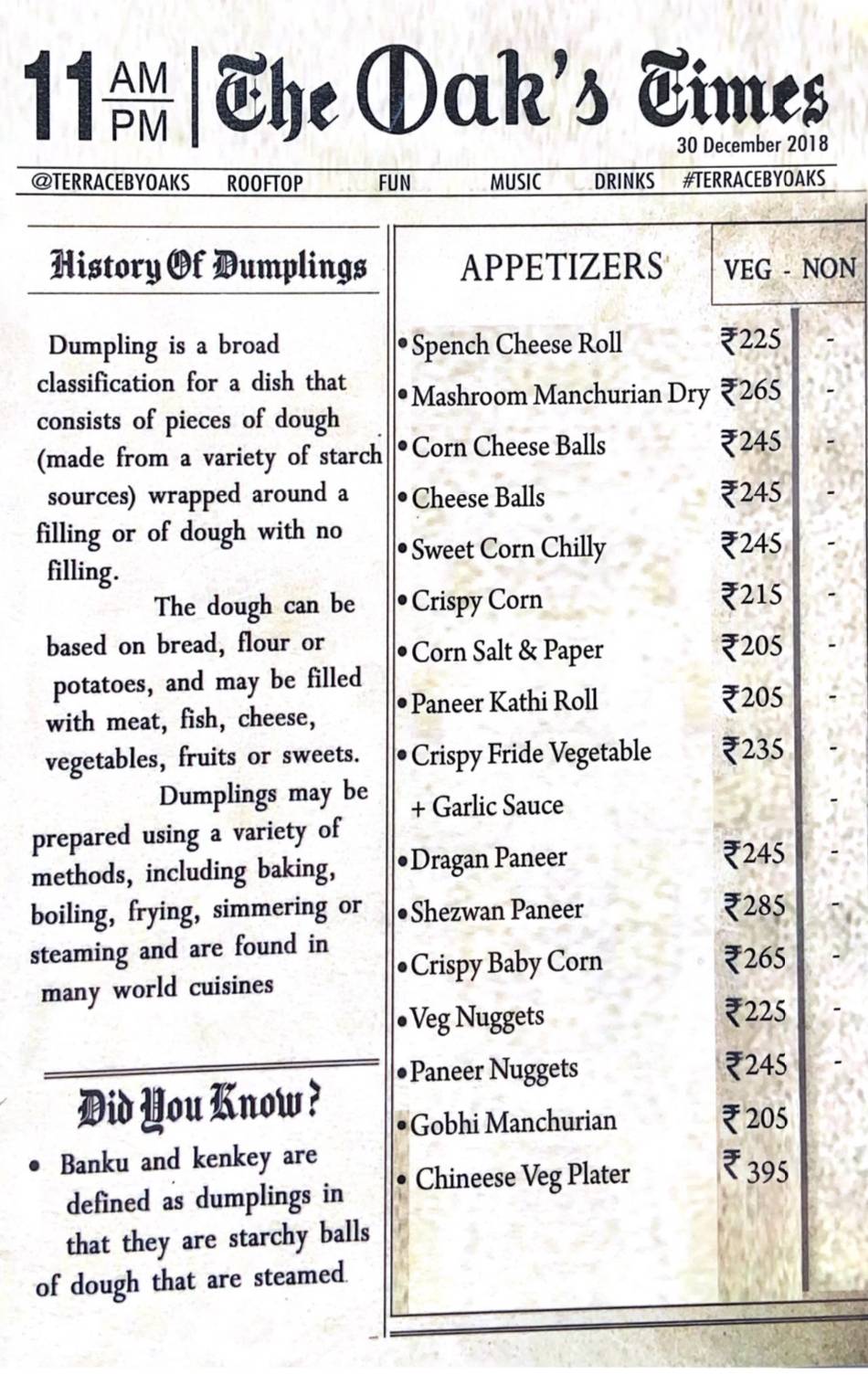 OAKSLAND menu