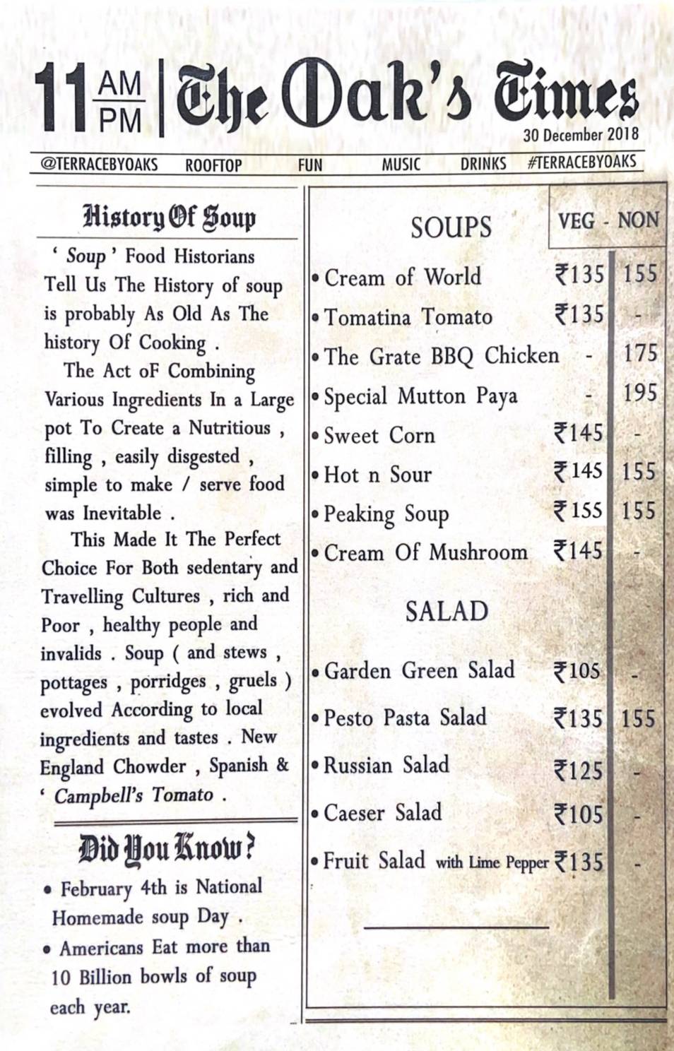 OAKSLAND menu