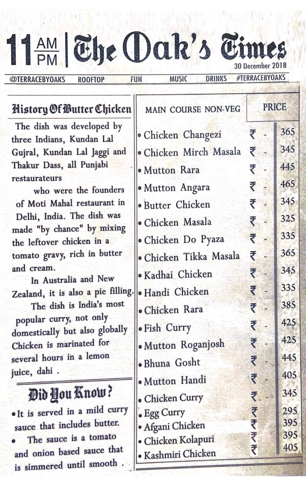 OAKSLAND menu