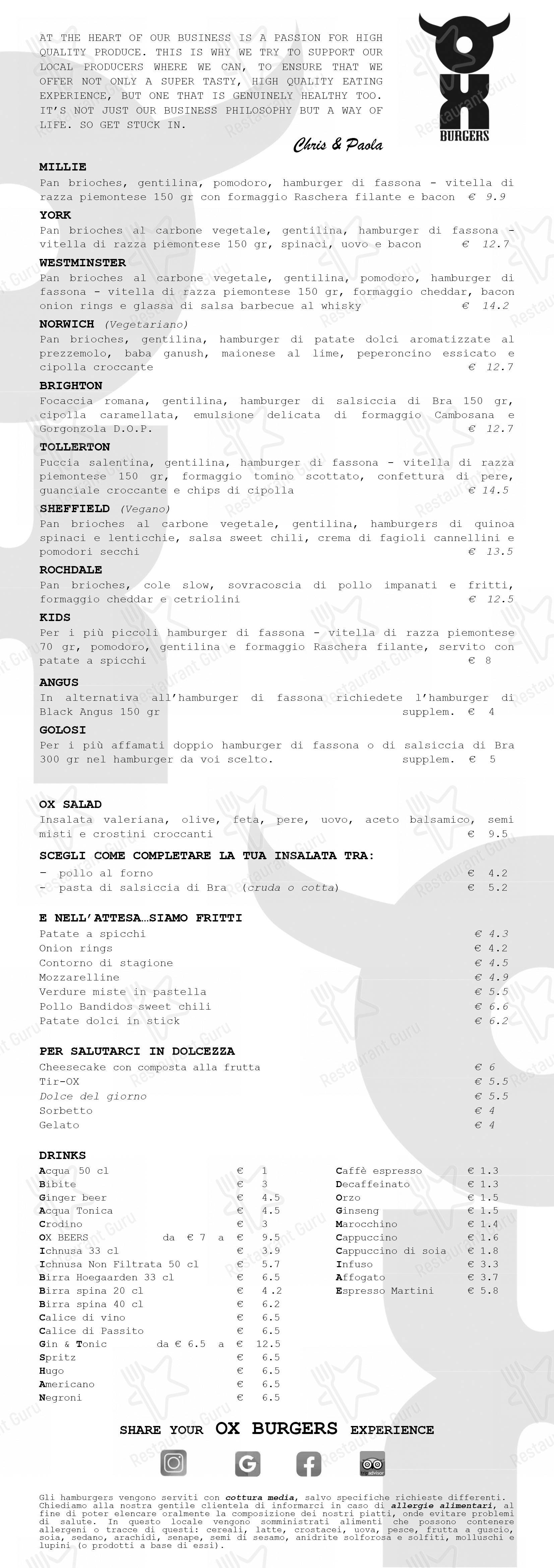 Menu per Ox Burgers in Bra