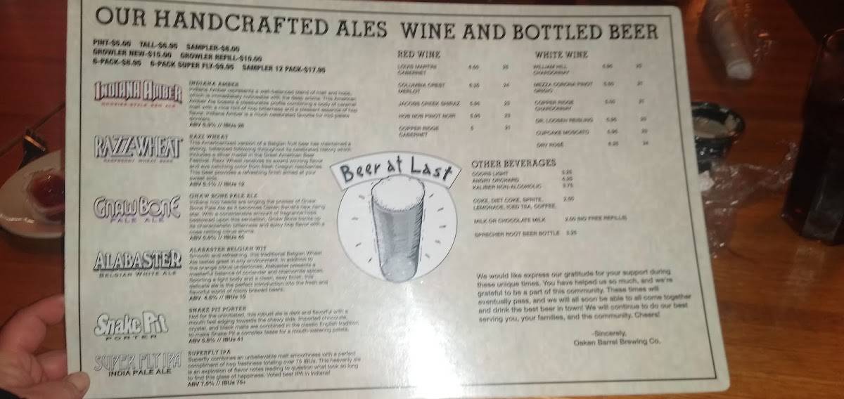 Menu at Oaken Barrel Brewing Company, Greenwood