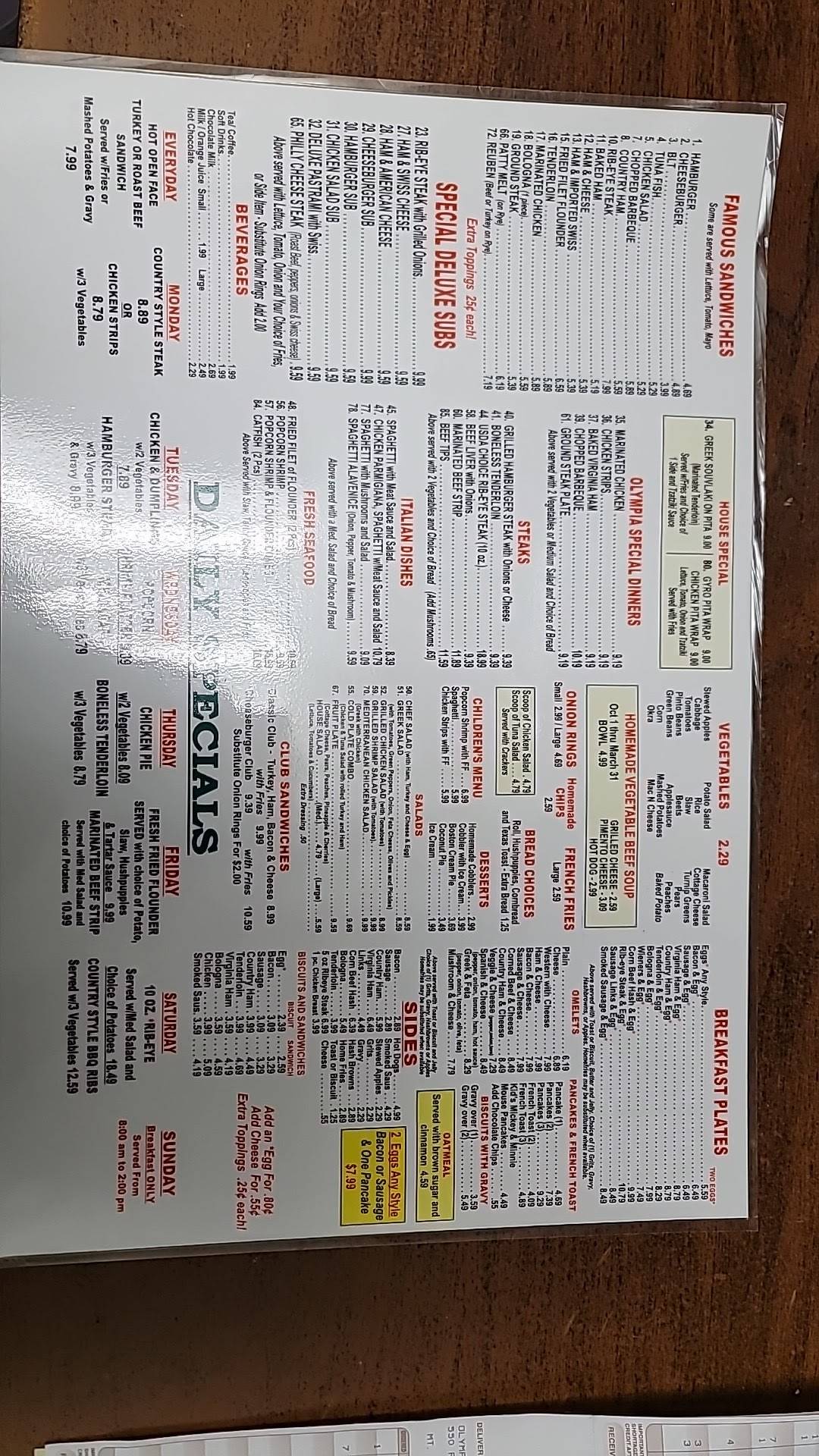 Menu at Olympia Family Restaurant, Mount Airy