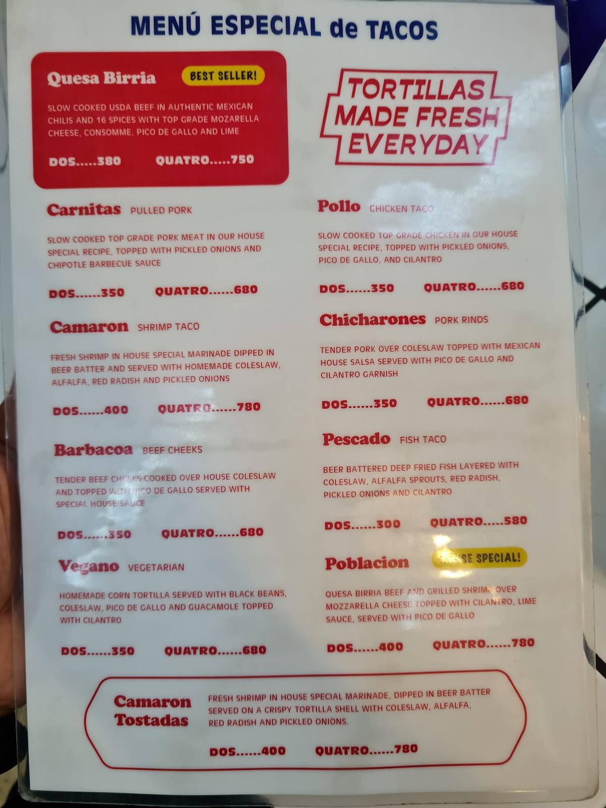 Menu at Onlypans Taqueria restaurant, Makati