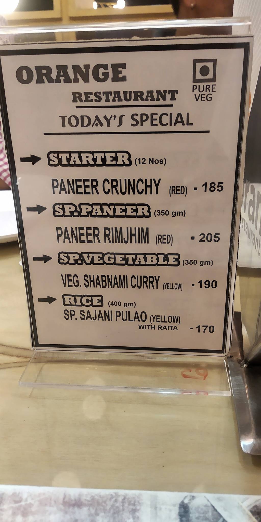 Orange Resturant & Banquet menu