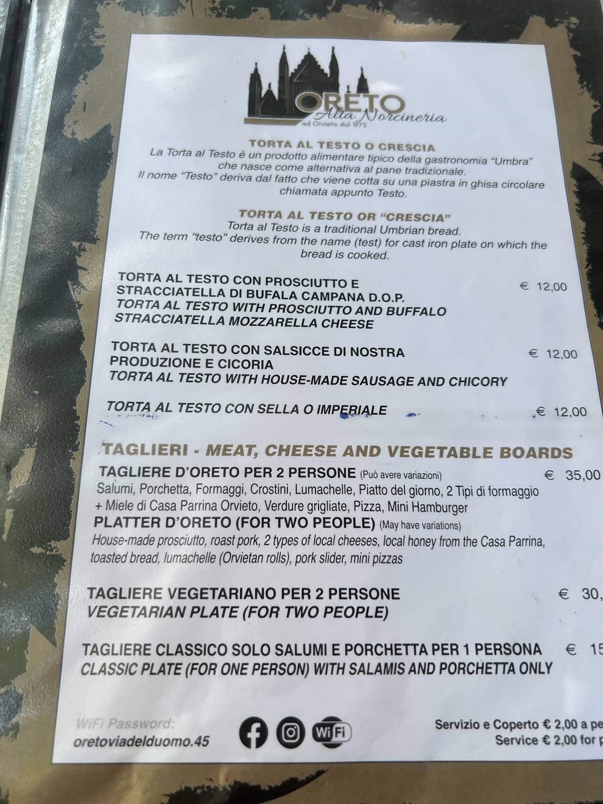 Menu di Oreto Alta Norcineria Orvieto 