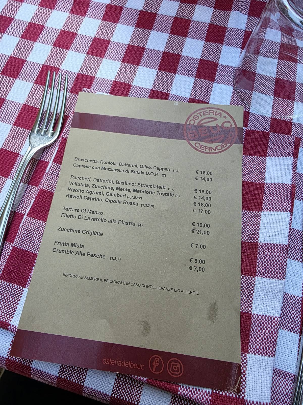 Menu di Osteria del Beuc 