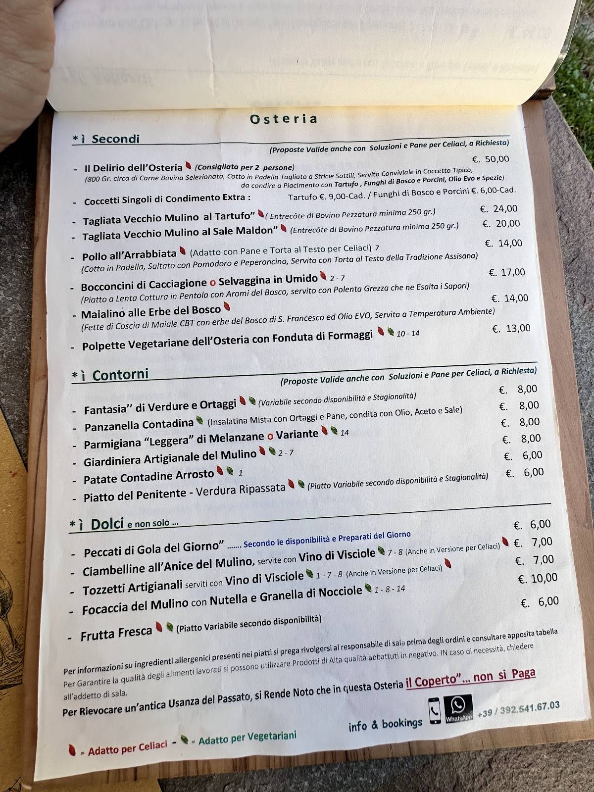 Menu di Osteria del Mulino 