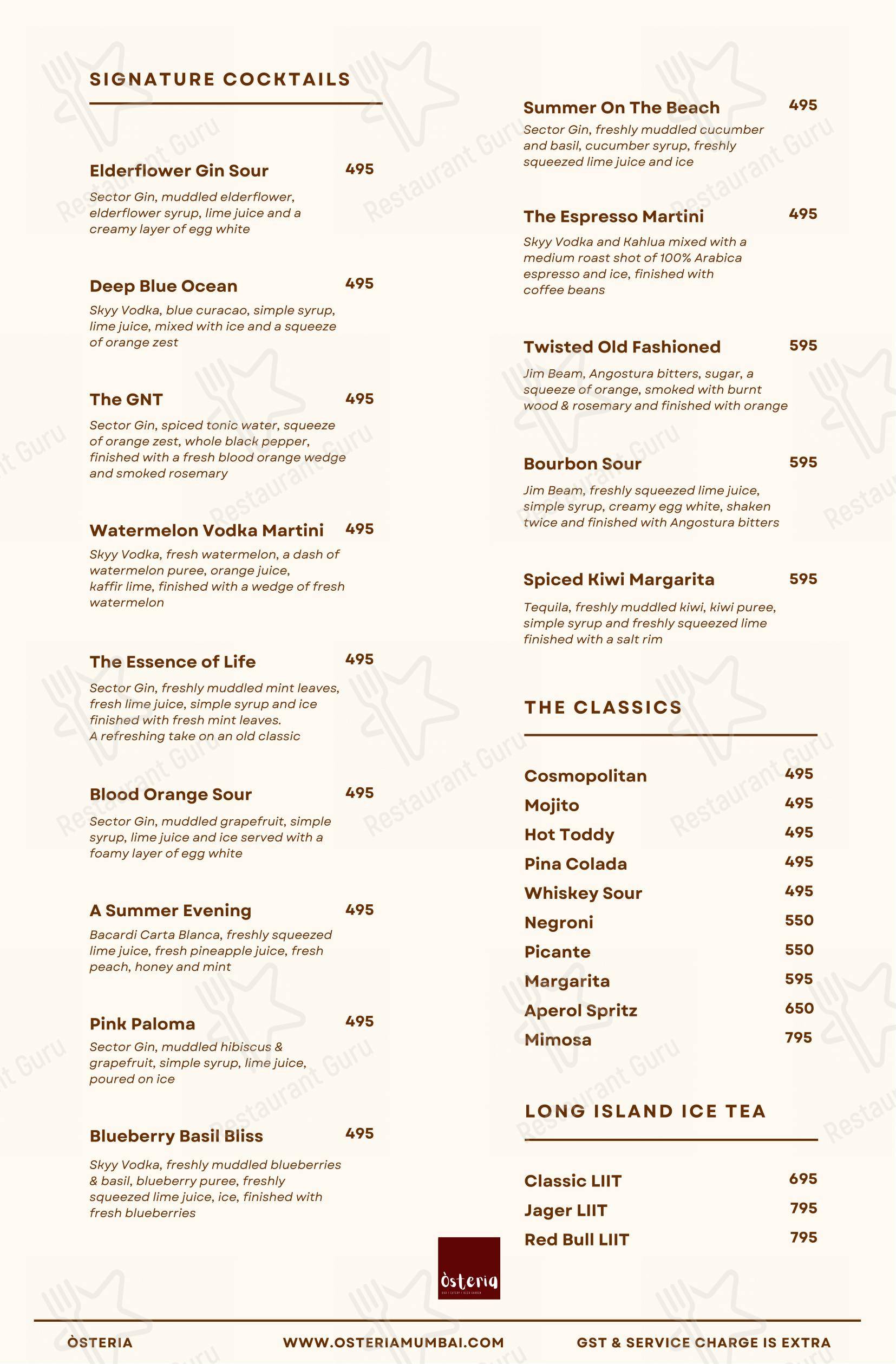 Menu bar for the Òsteria restaurant
