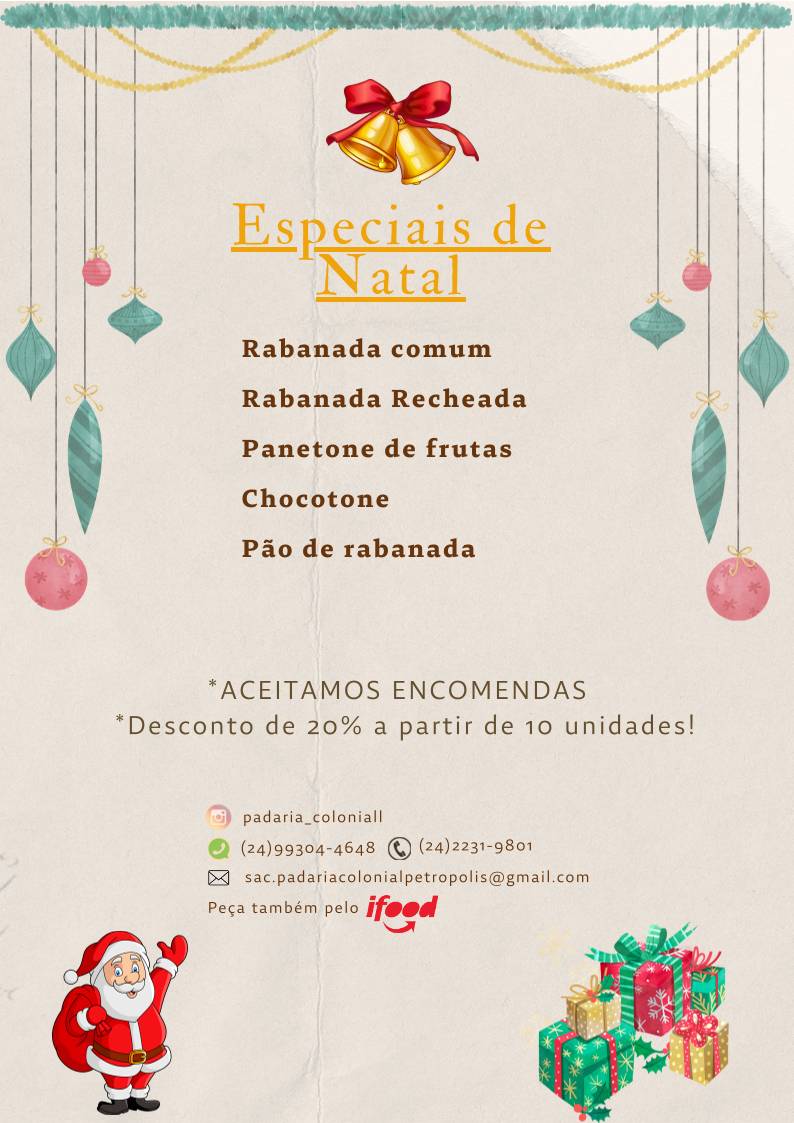 Padaria Colonial em Petrópolis cardápio