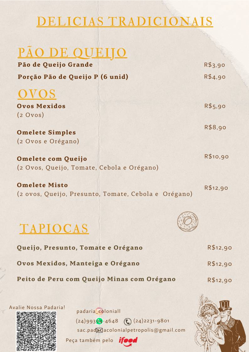 Padaria Colonial em Petrópolis cardápio