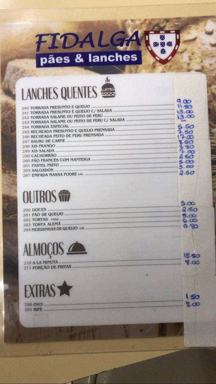 Padaria Fidalga cardápio