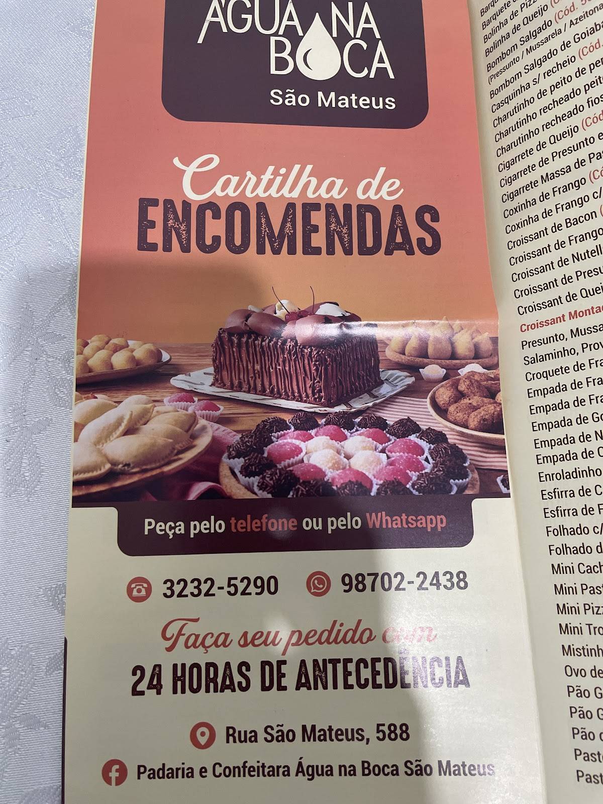 Menu em Padaria e Confeitaria Água na Boca São Mateus, Juiz de Fora, R ...