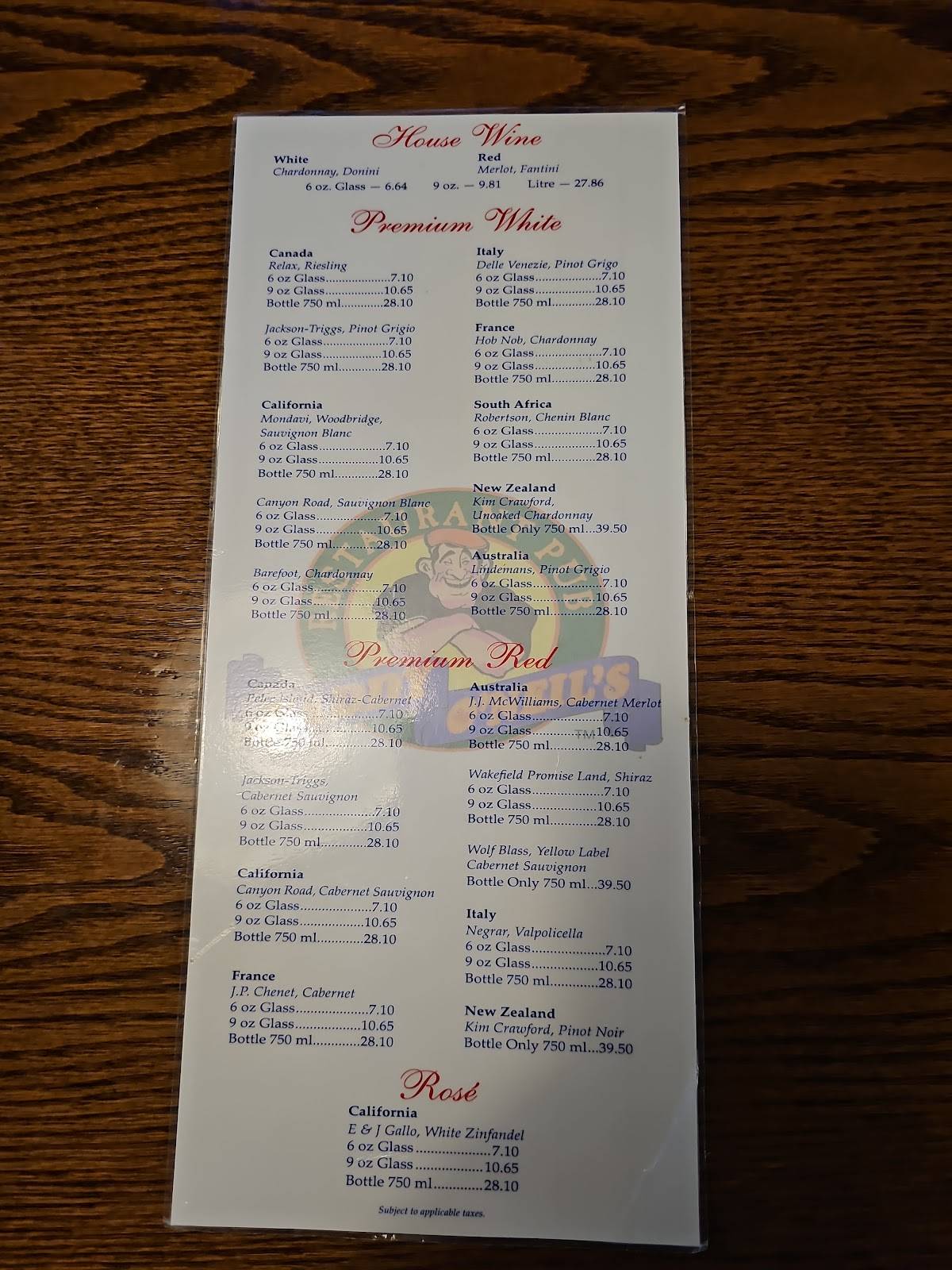 Menu de Paddy O'Neils Restaurant Pub