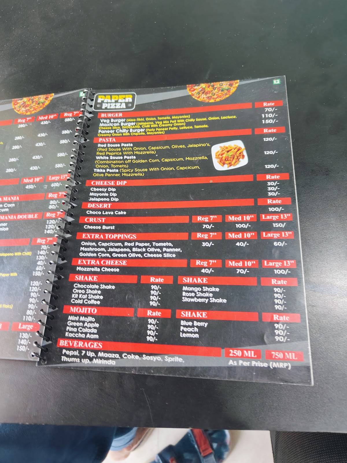 Paper Pizza menu