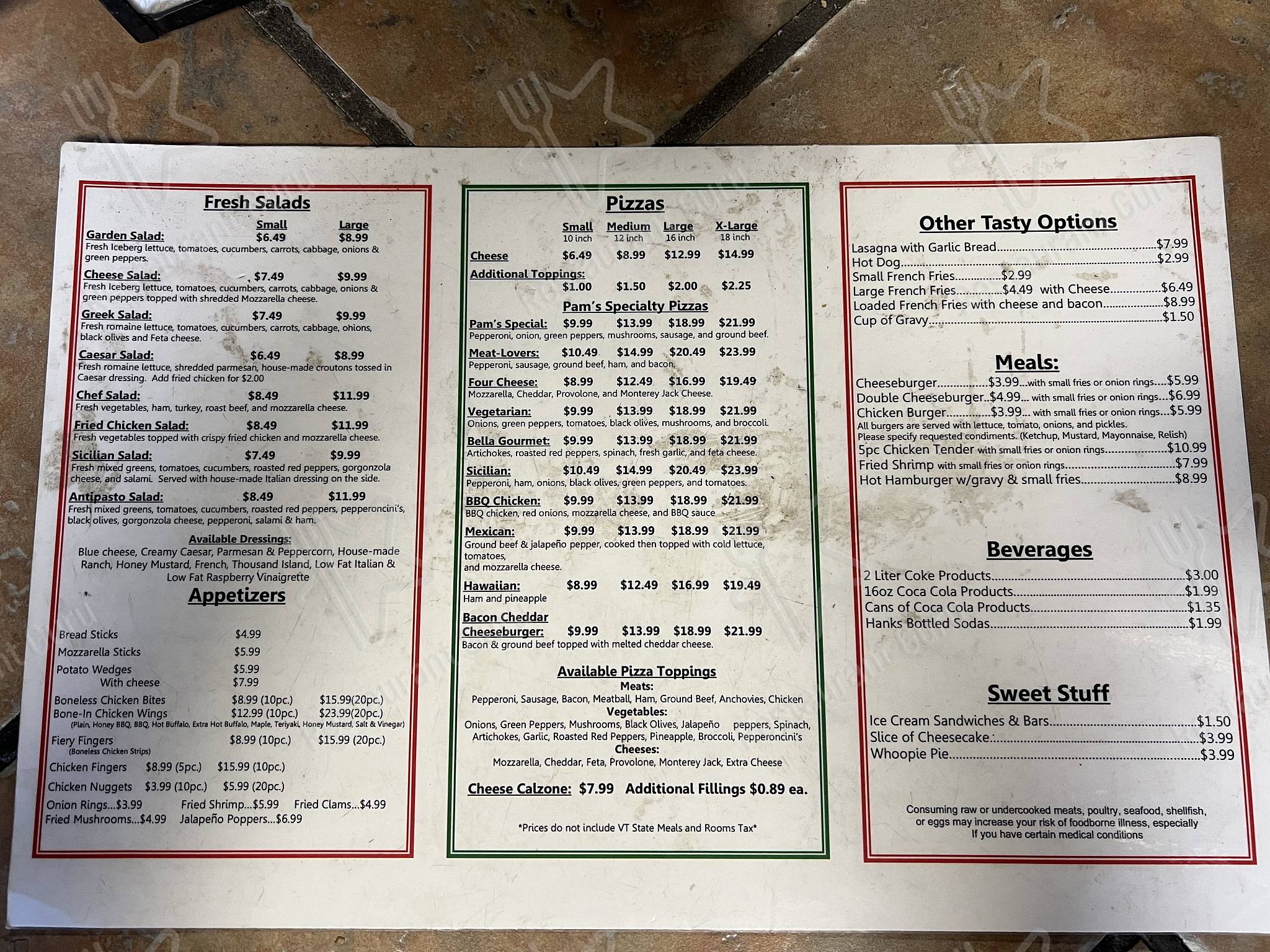 Menu at Pam's Place pizzeria, Swanton, 77 1st St
