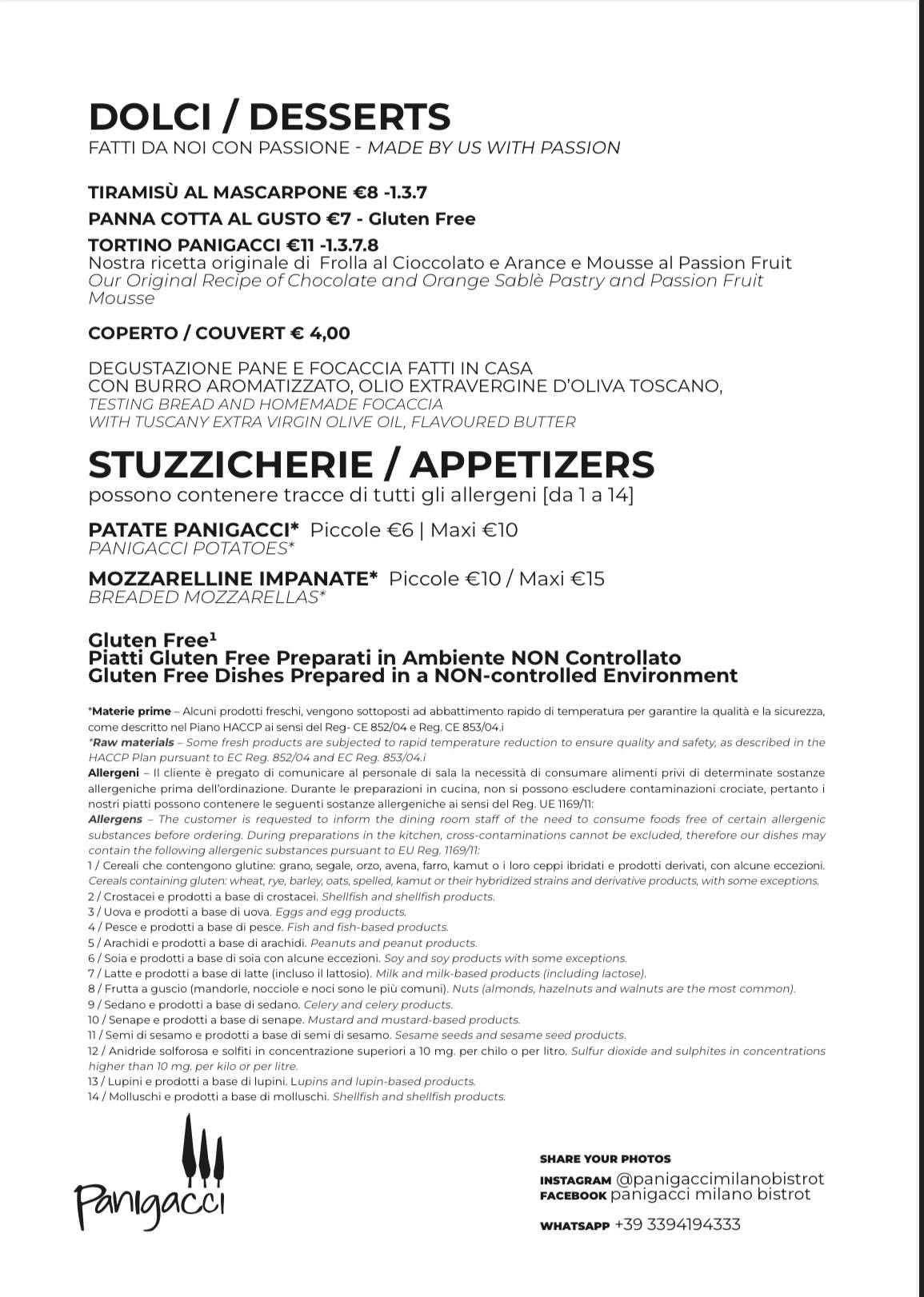 Menu di Panigacci Milano Bistrot 