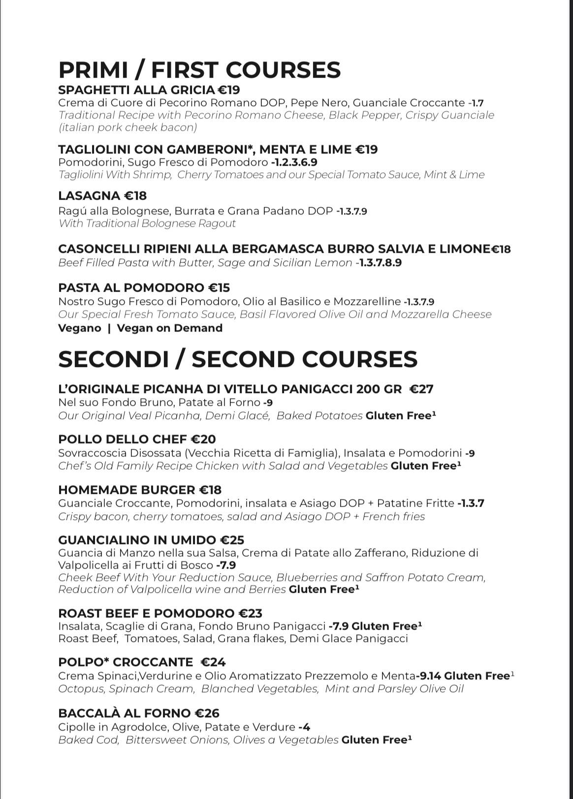 Menu di Panigacci Milano Bistrot 