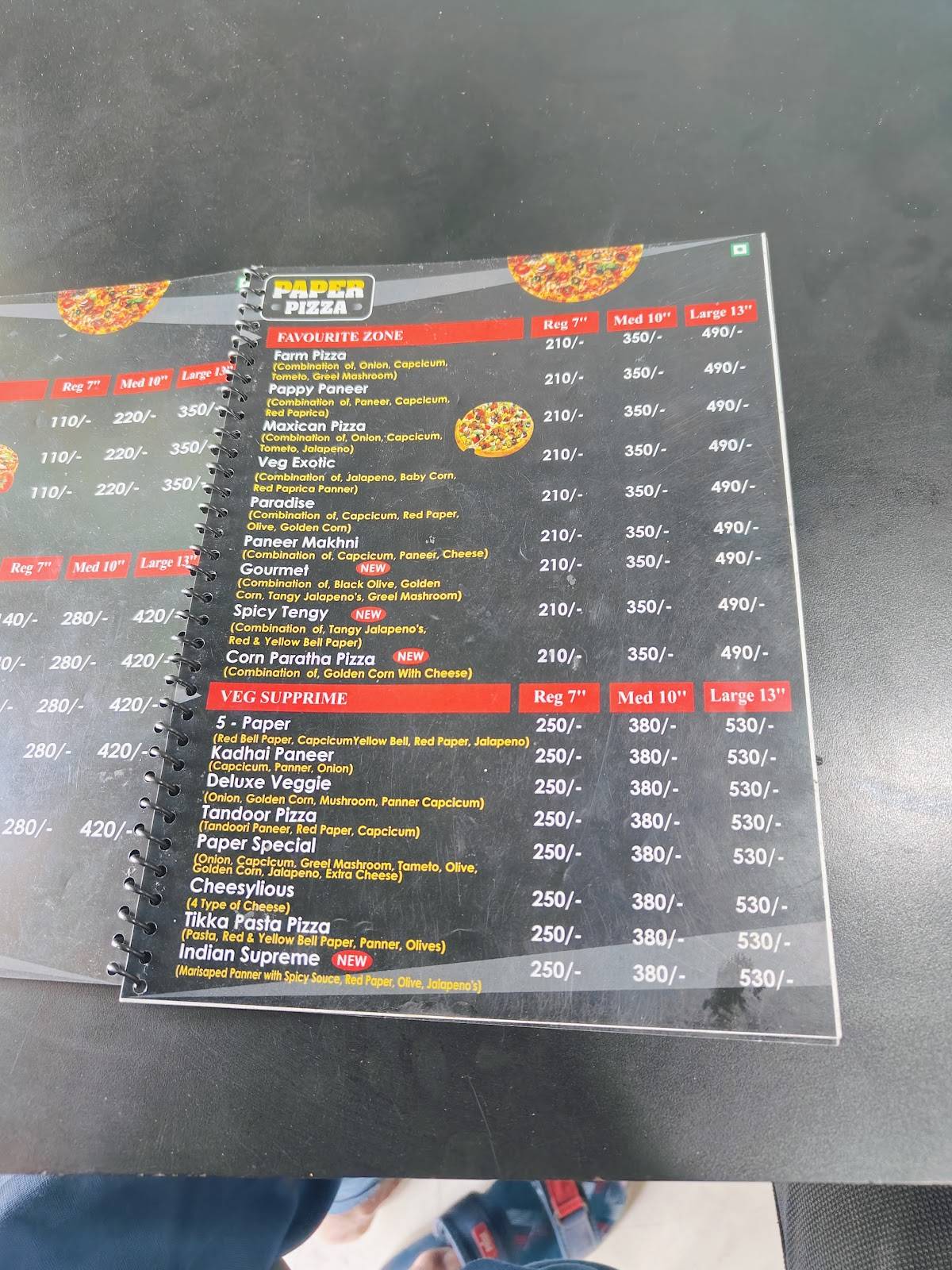 Paper Pizza menu