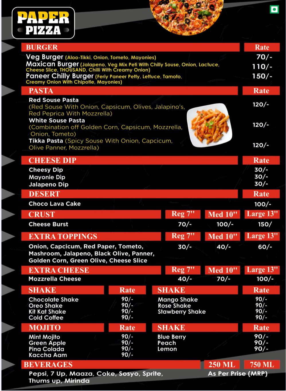 Paper Pizza menu
