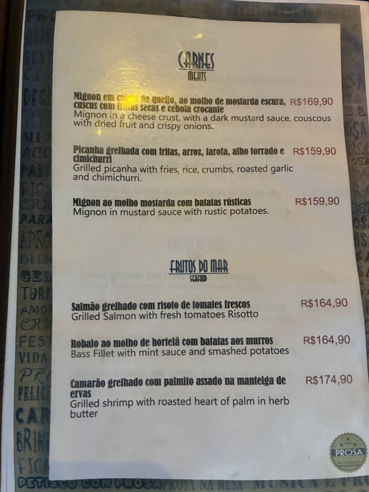 Prosa Restaurante cardápio