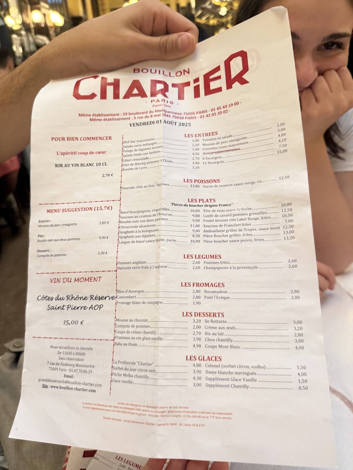 Menu de Bouillon Chartier Grands Boulevards