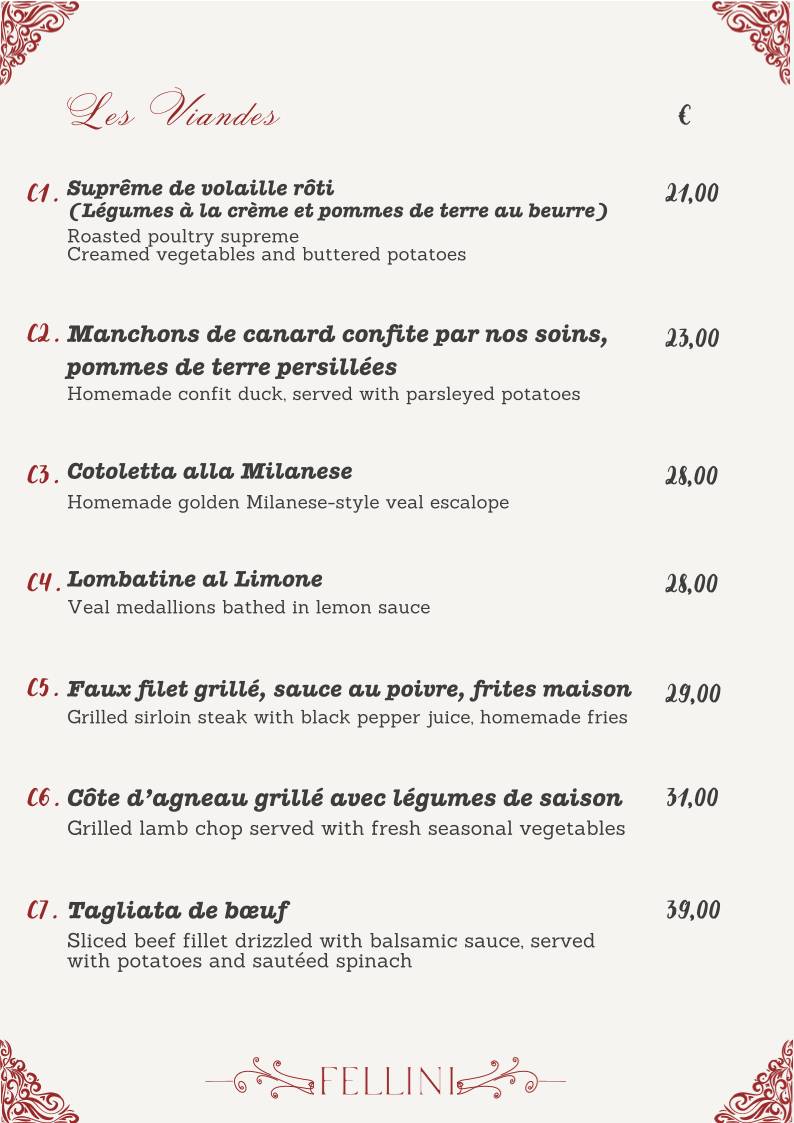 Menu de Ristorante Fellini