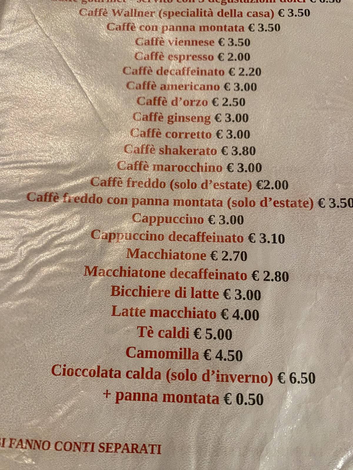 Menu di Pasticceria Caffè Wallner - Gelateria 