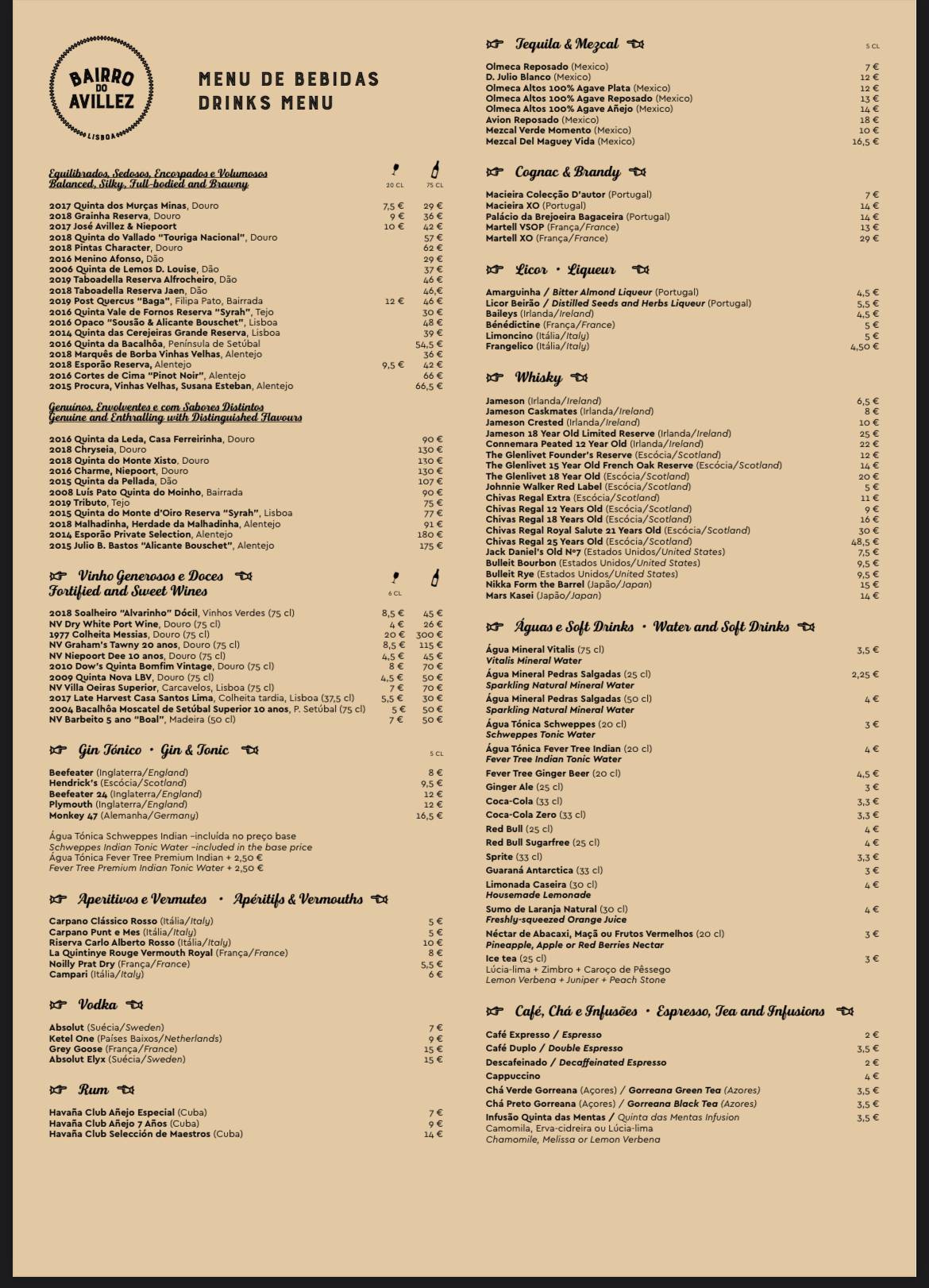 Menu at Pateo Bairro do Avillez restaurant, Lisbon