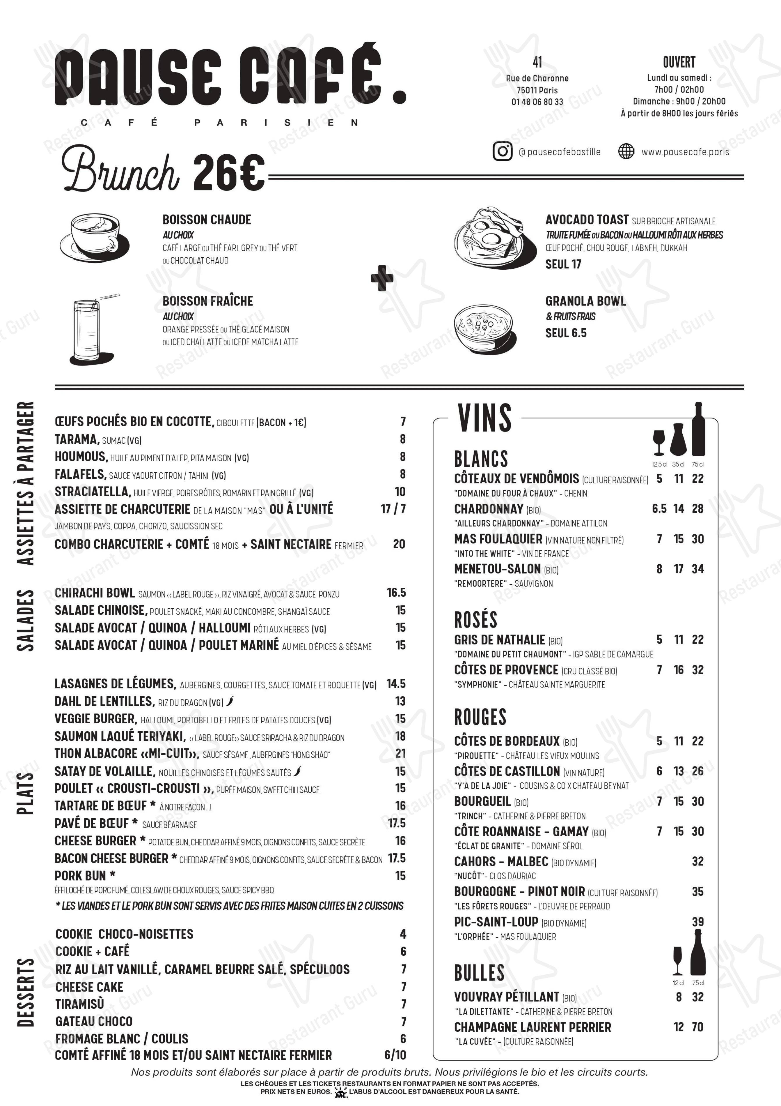 Menu bar pour Pause Café dans Paris