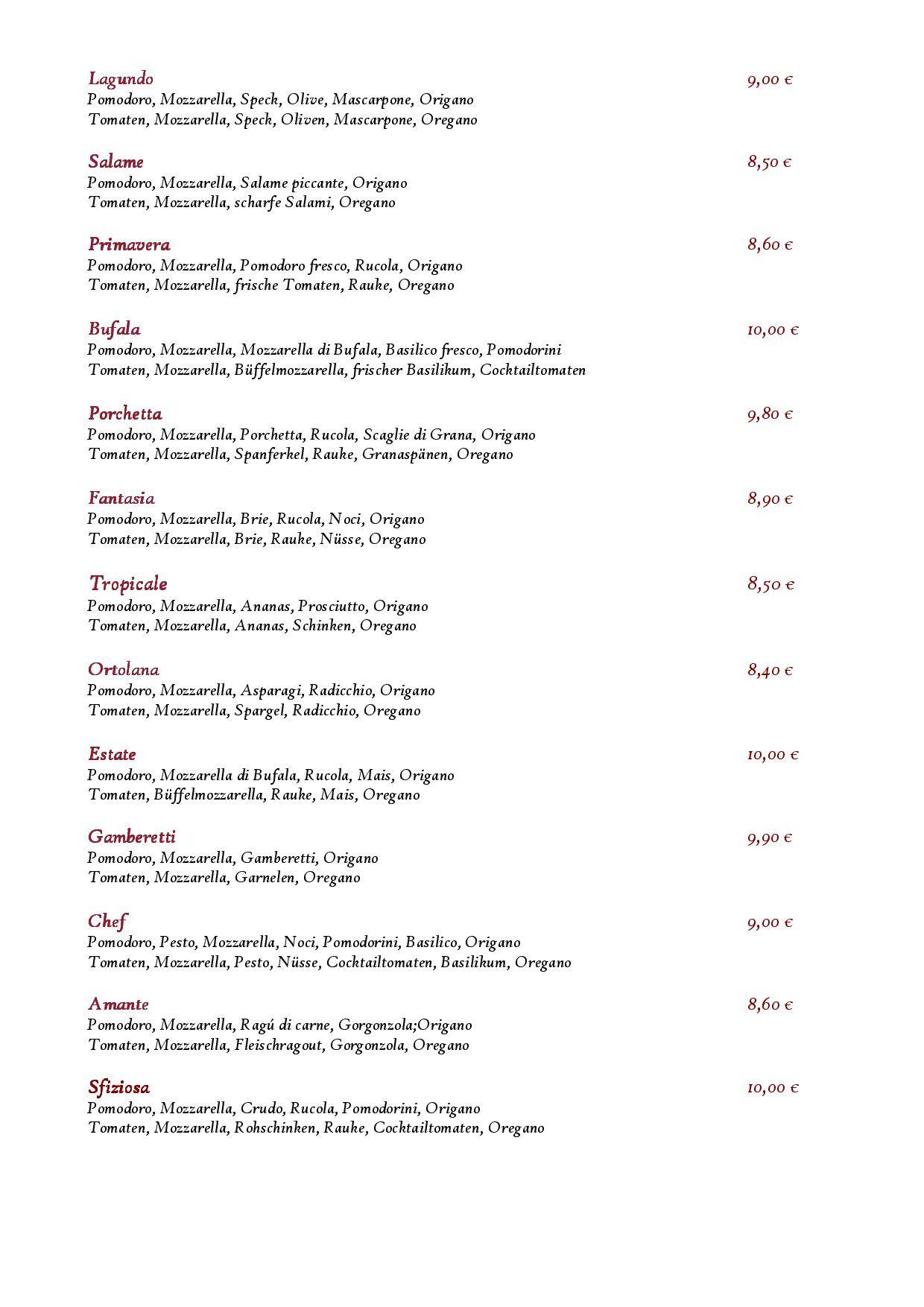 Menu di Pizzeria - Restaurant - Pension Löwen 