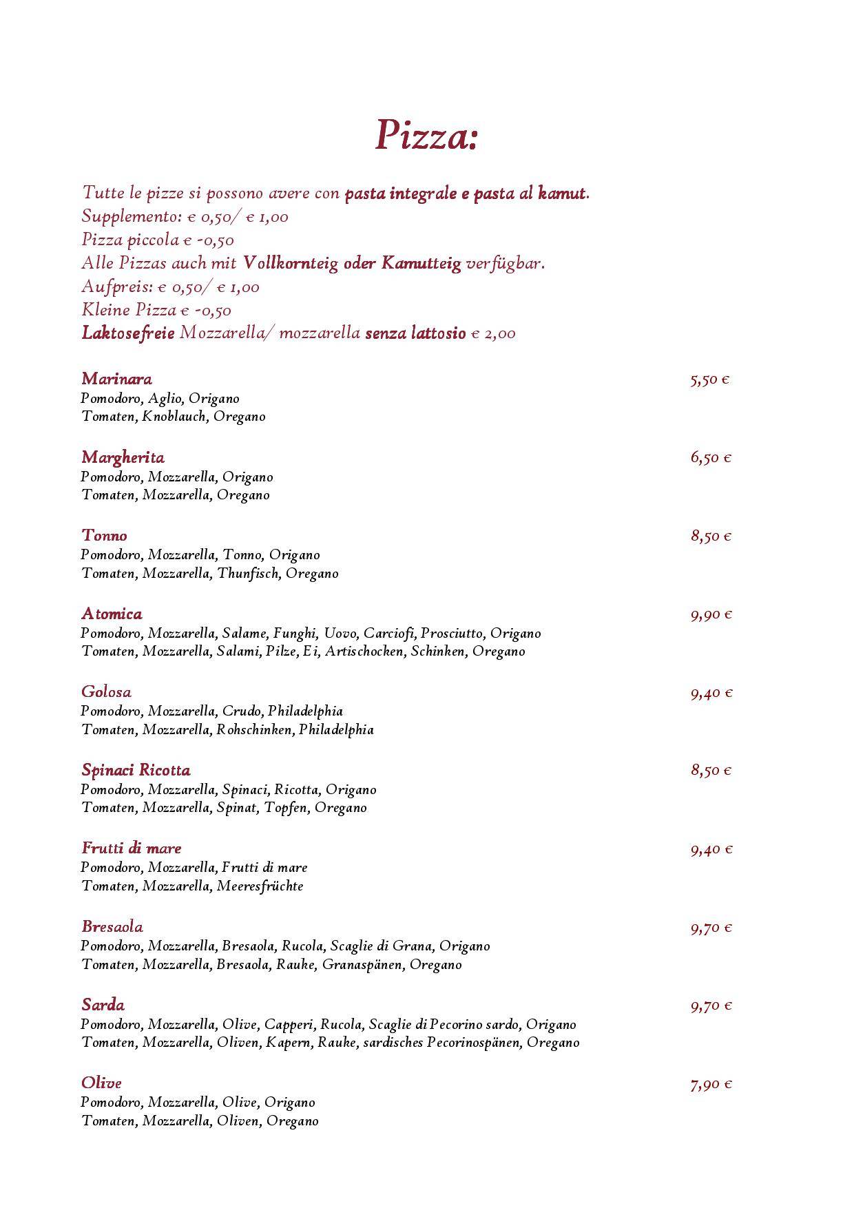 Menu di Pizzeria - Restaurant - Pension Löwen 