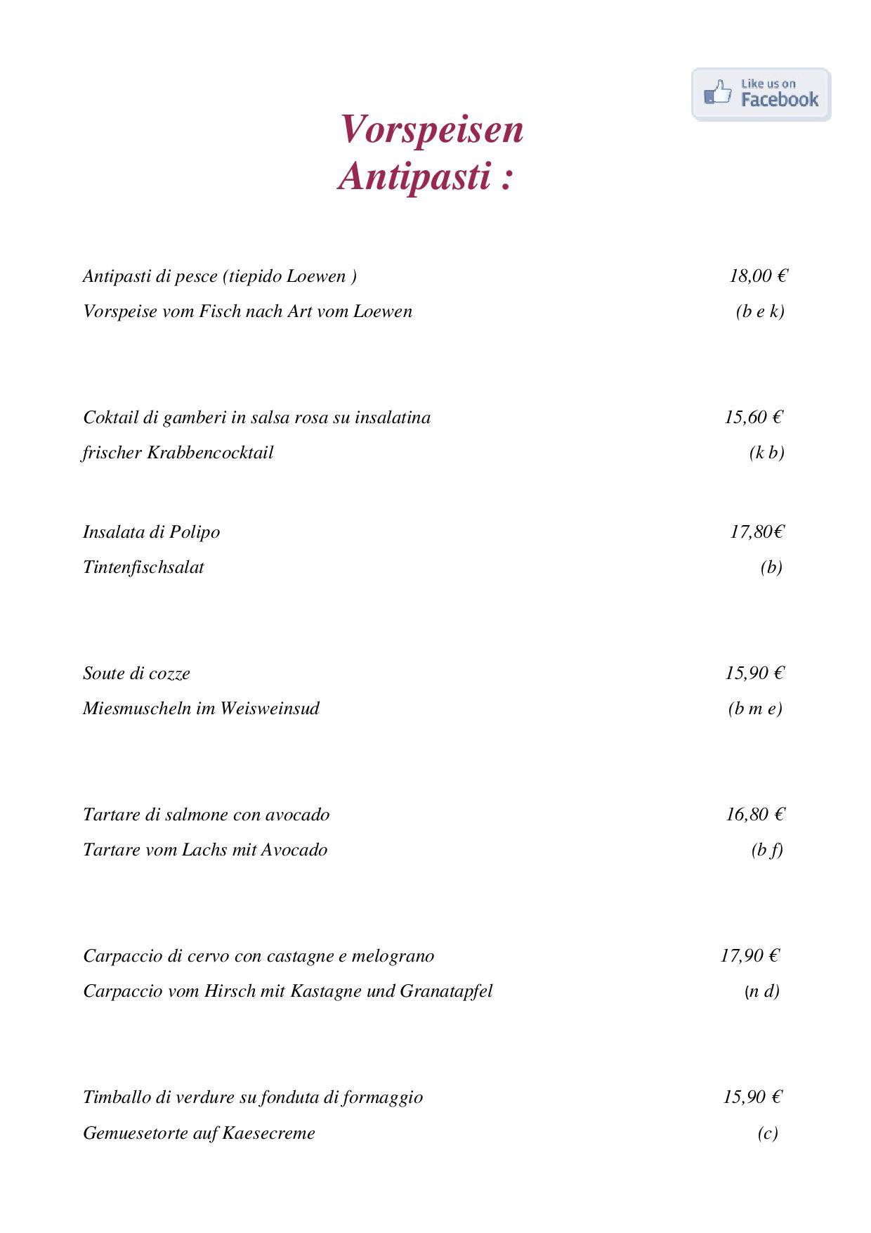 Menu di Pizzeria - Restaurant - Pension Löwen 