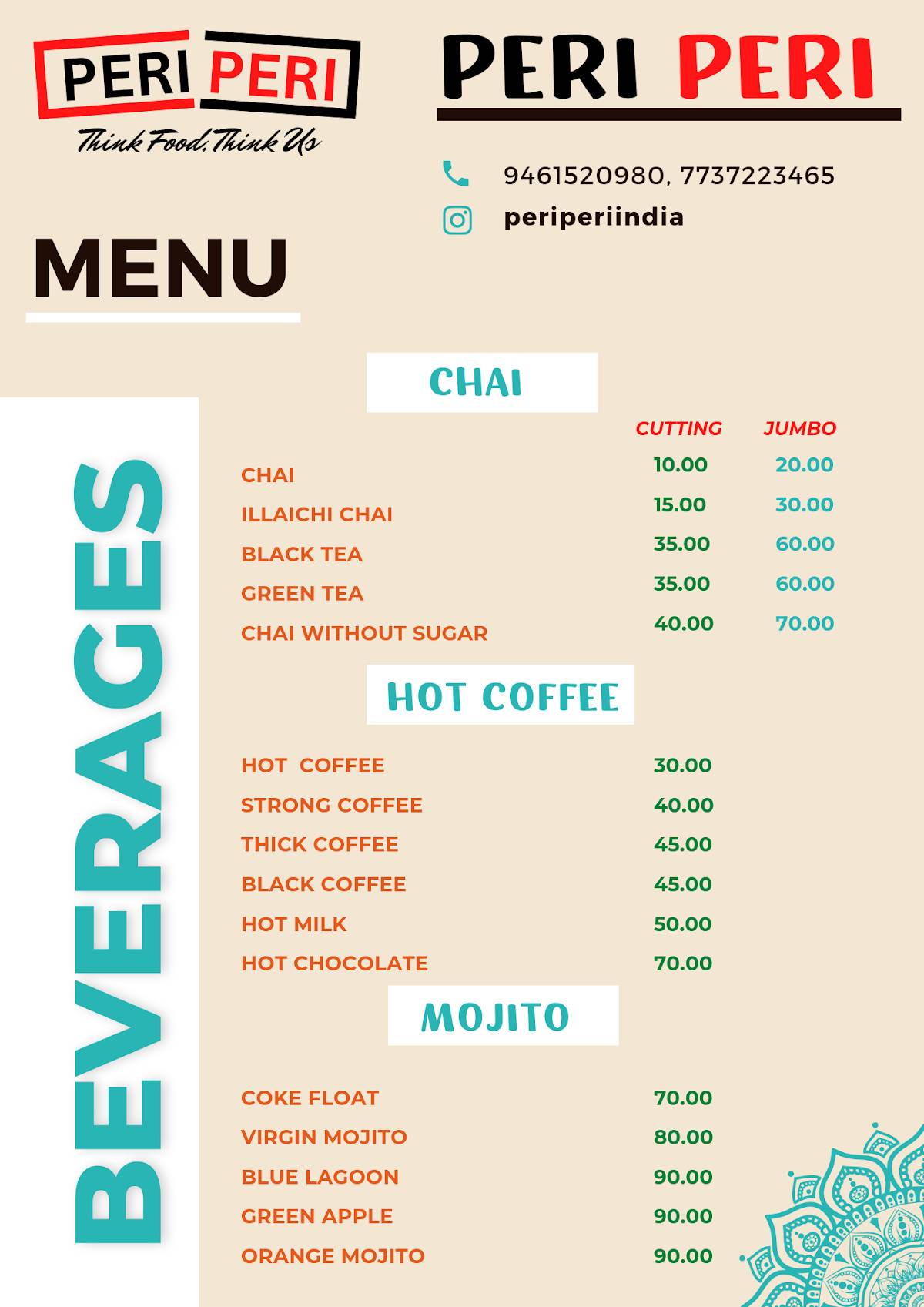 Peri Peri Cafe menu