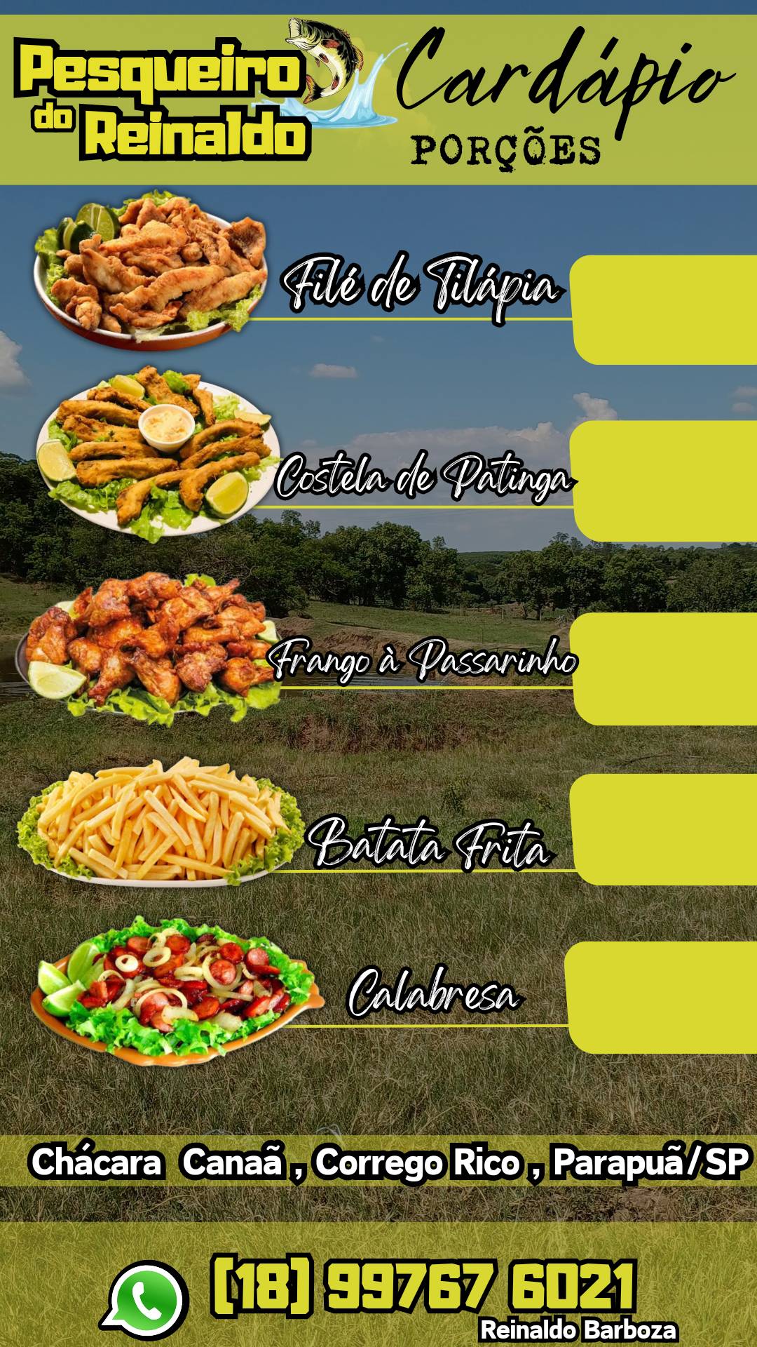 Pesqueiro do Reinaldo cardápio