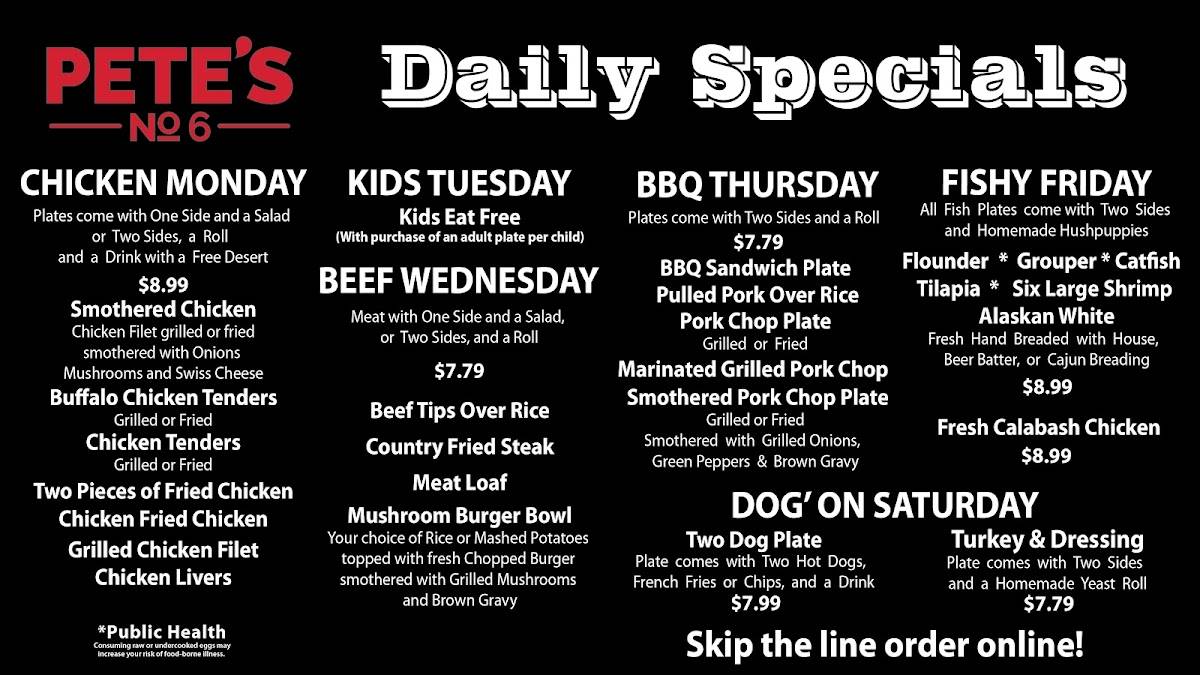 Menu at Pete's Drive In restaurant, Easley