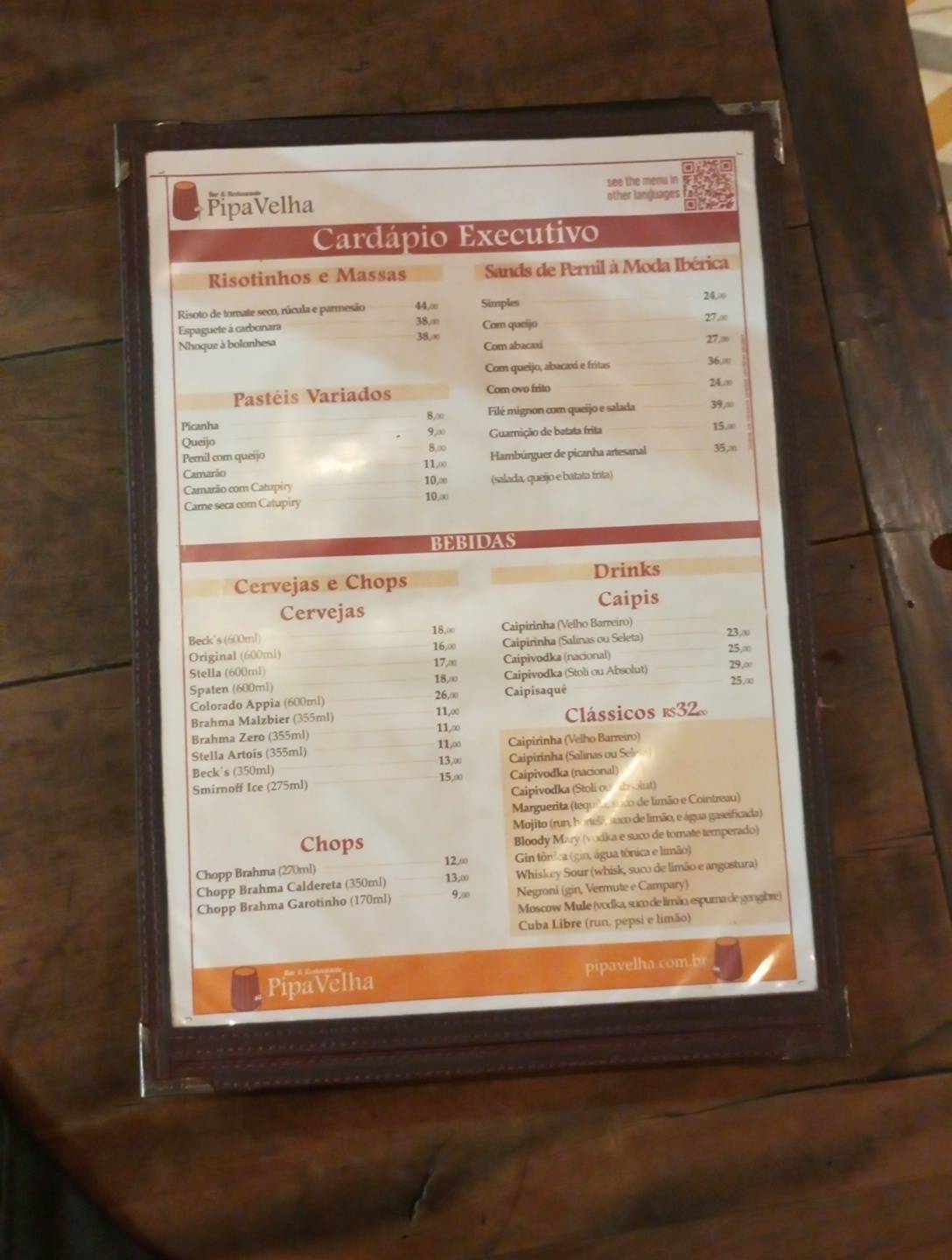Pipa Velha Bar e Restaurante Copacabana cardápio
