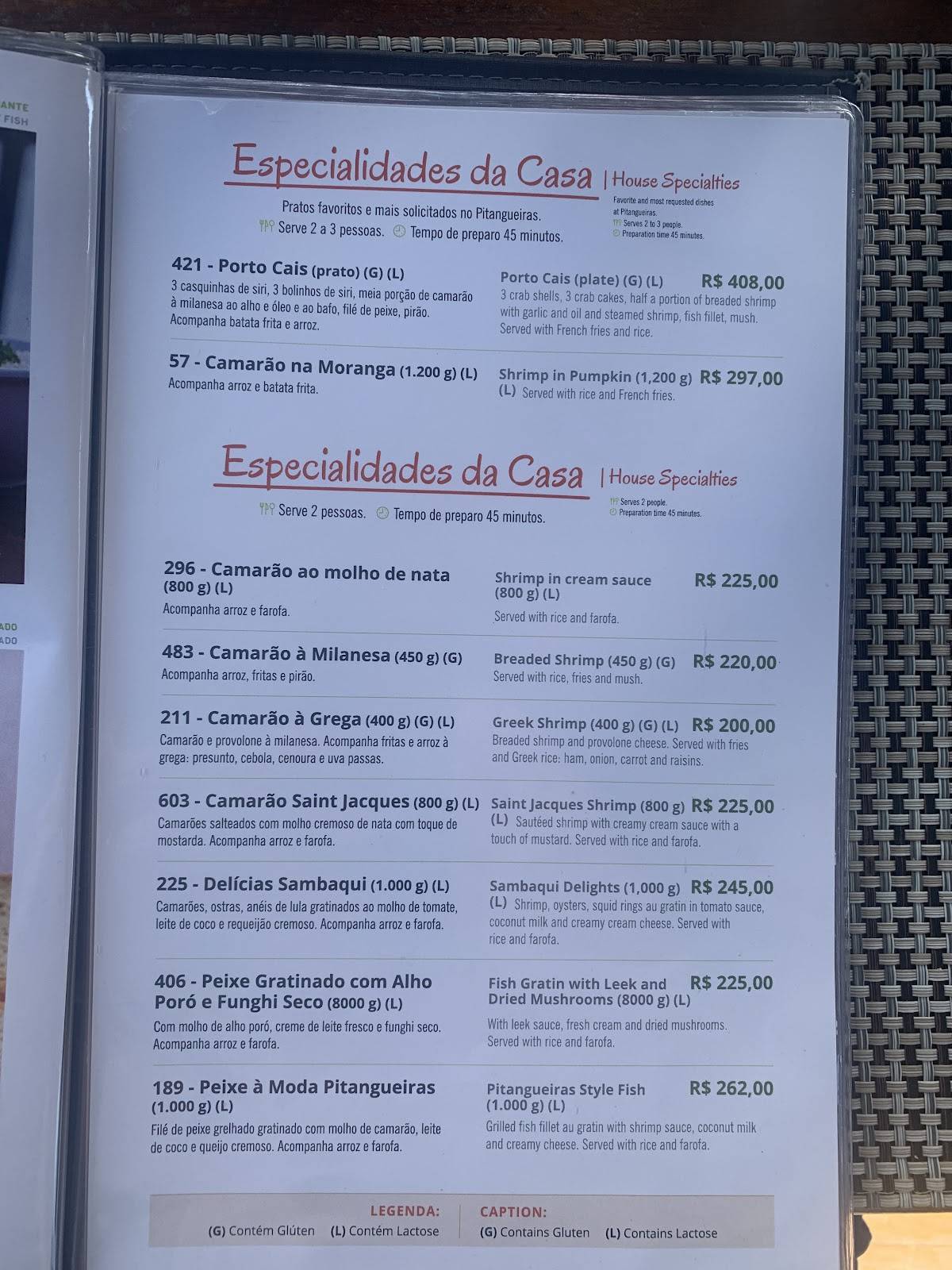 Pitangueiras cardápio