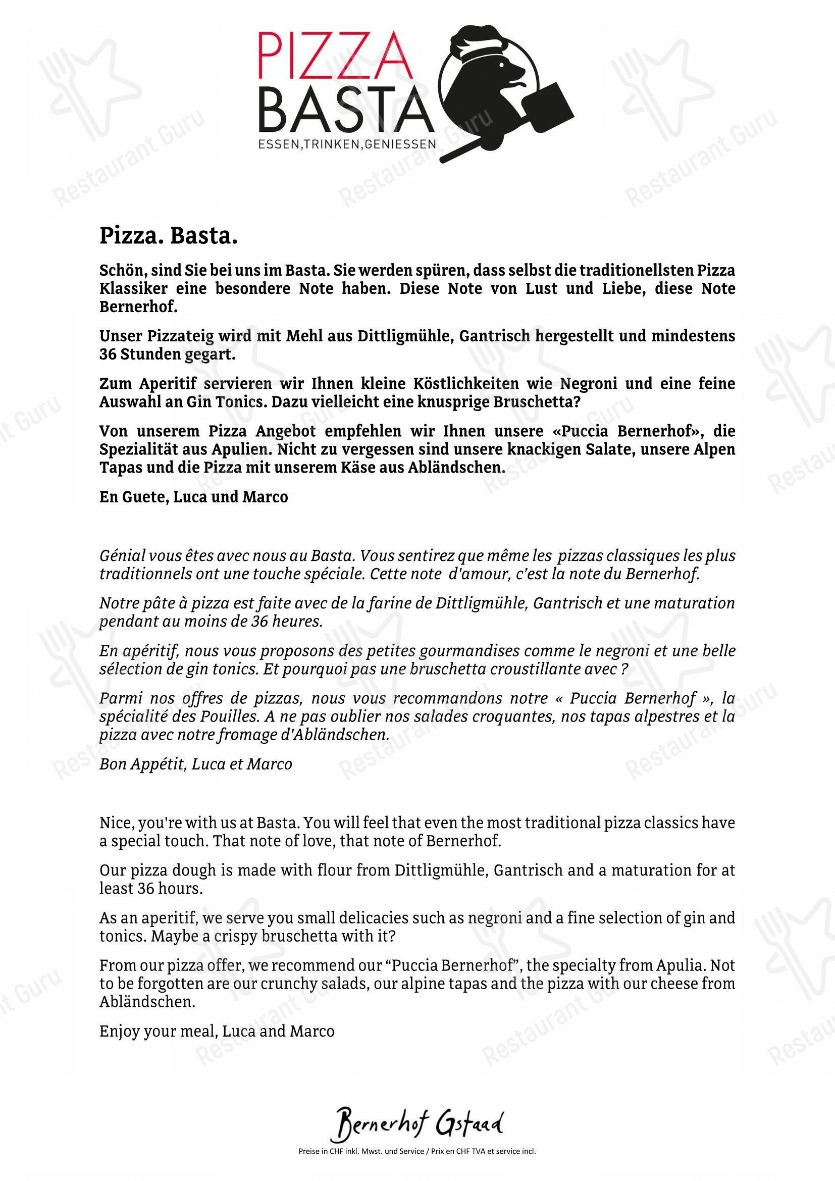 Menu per Pizza Basta ristorante