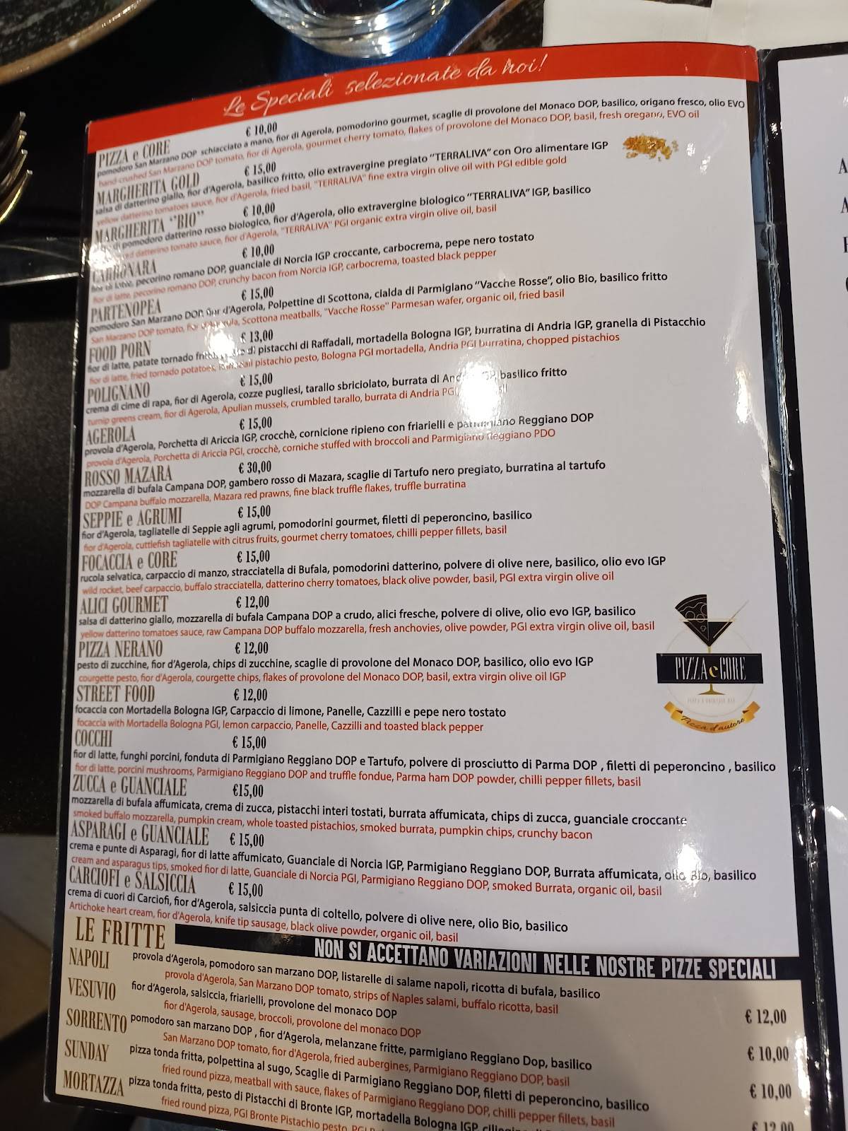 Menu di Pizza e Core Pizza & Cocktail Bar 
