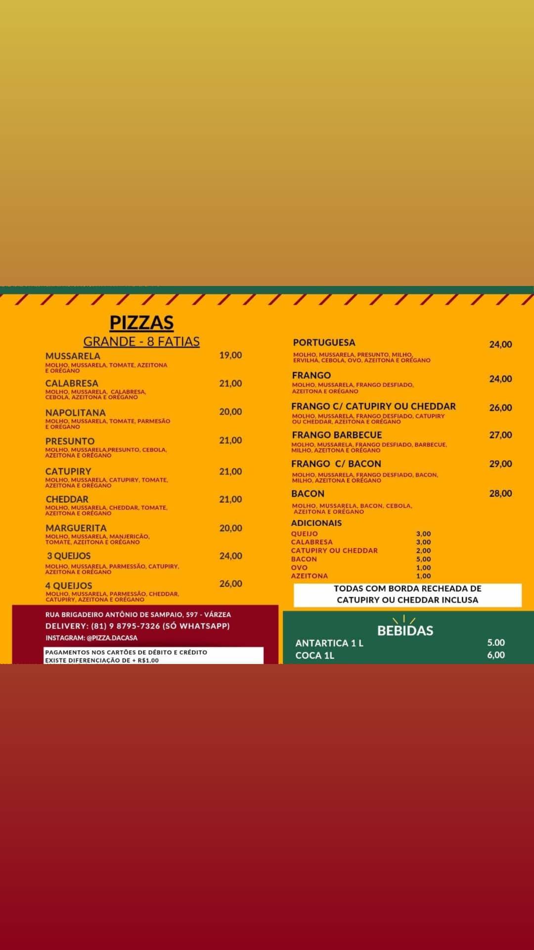 Pizzaria da casa cardápio