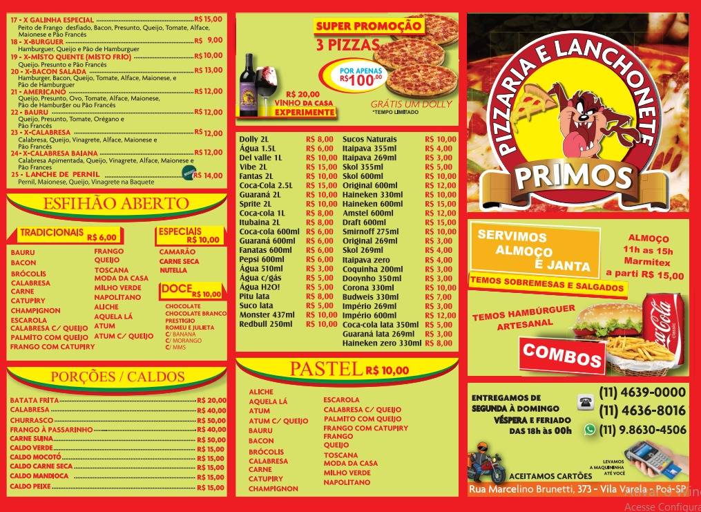Pizzaria lanchonete restaurante Primos cardápio