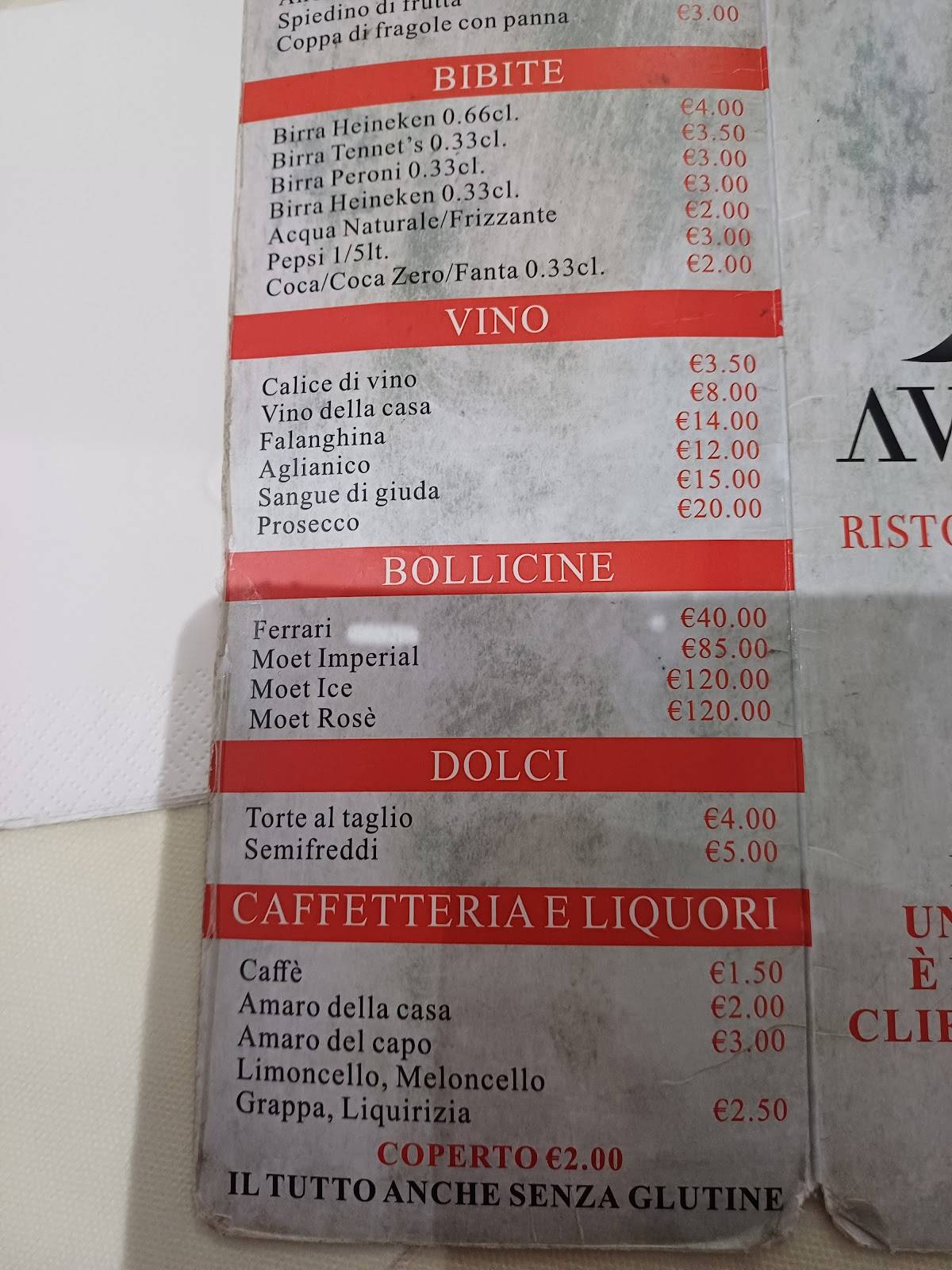Menu di Avrora - Ristorante & Pizzeria (Ex. Franco) 
