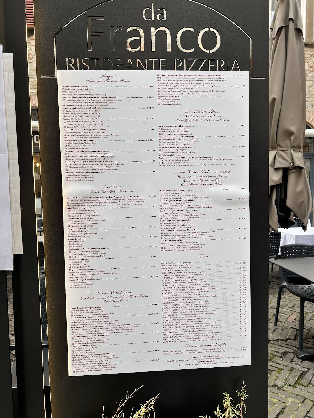 Menu di Ristorante Pizzeria Da Franco 