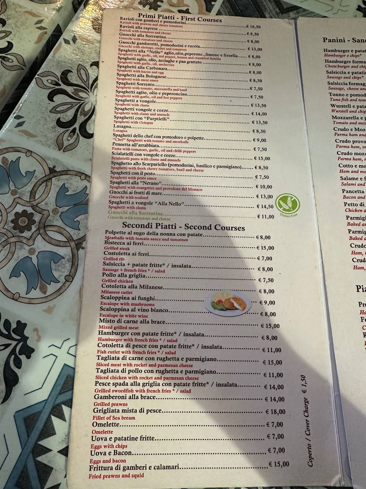 Menu di Da Nello take away trattoria pizzeria 