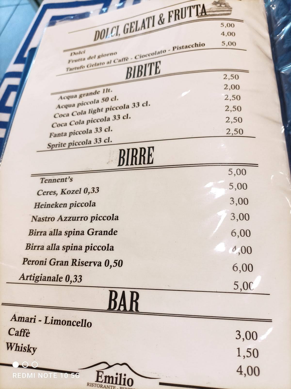 Menu de Pizzeria Emilio