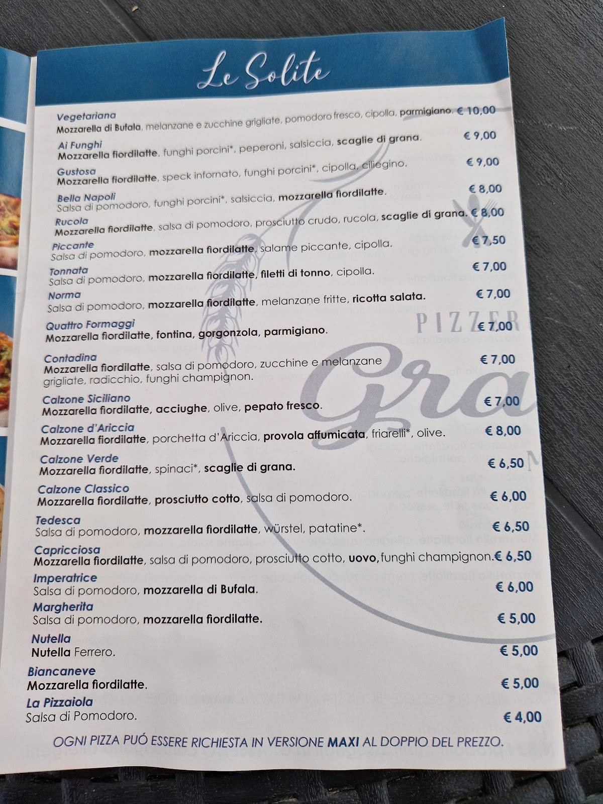 Menu di Pizzeria Grano Mascali 
